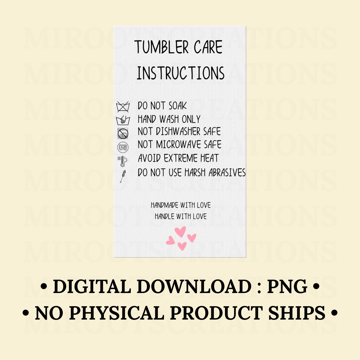 Digital Tumbler Care Card PNG file with sublimation care instructions, printable insert for handmade tumblers