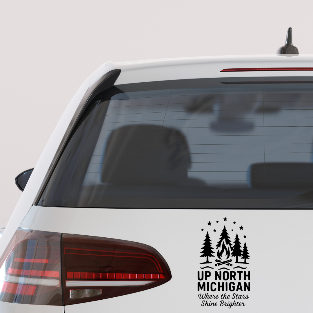 Up North Michigan campfire decal with pine trees and stars – “Where the Stars Shine Brighter” car sticker