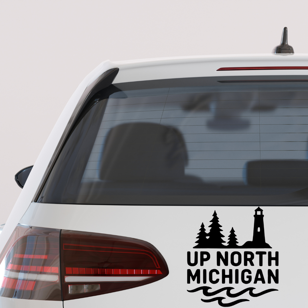 Up North Michigan lighthouse car decal with pine trees and waves – vinyl Michigan sticker