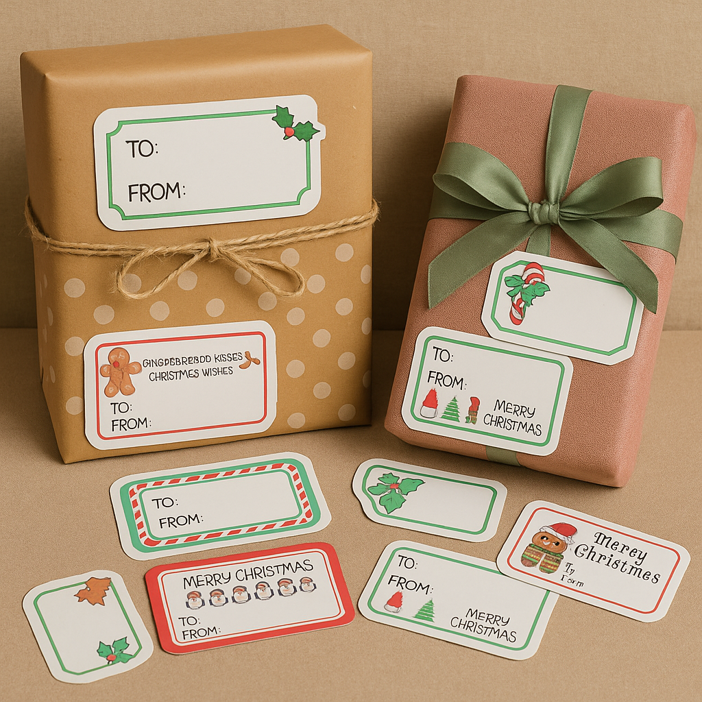 Gift boxes with Christmas-themed labels on a brown background