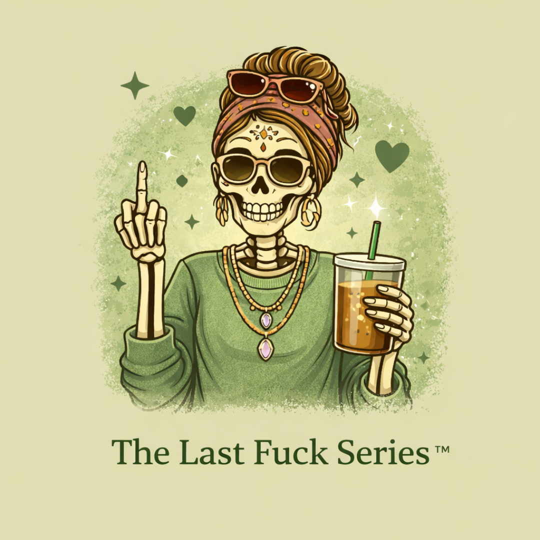 Illustrated skeleton woman with a messy bun and headwrap holding an iced coffee and raising a middle finger, representing The Last Fuck Series tumbler collection.