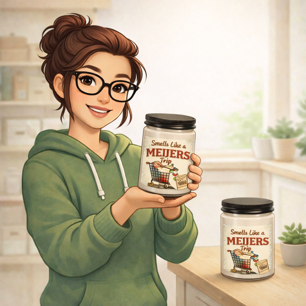 MIRoots Girl holding a soy candle in a glass jar with “Smells Like a Meijers Trip” label, cozy home workspace background, clean boutique aesthetic