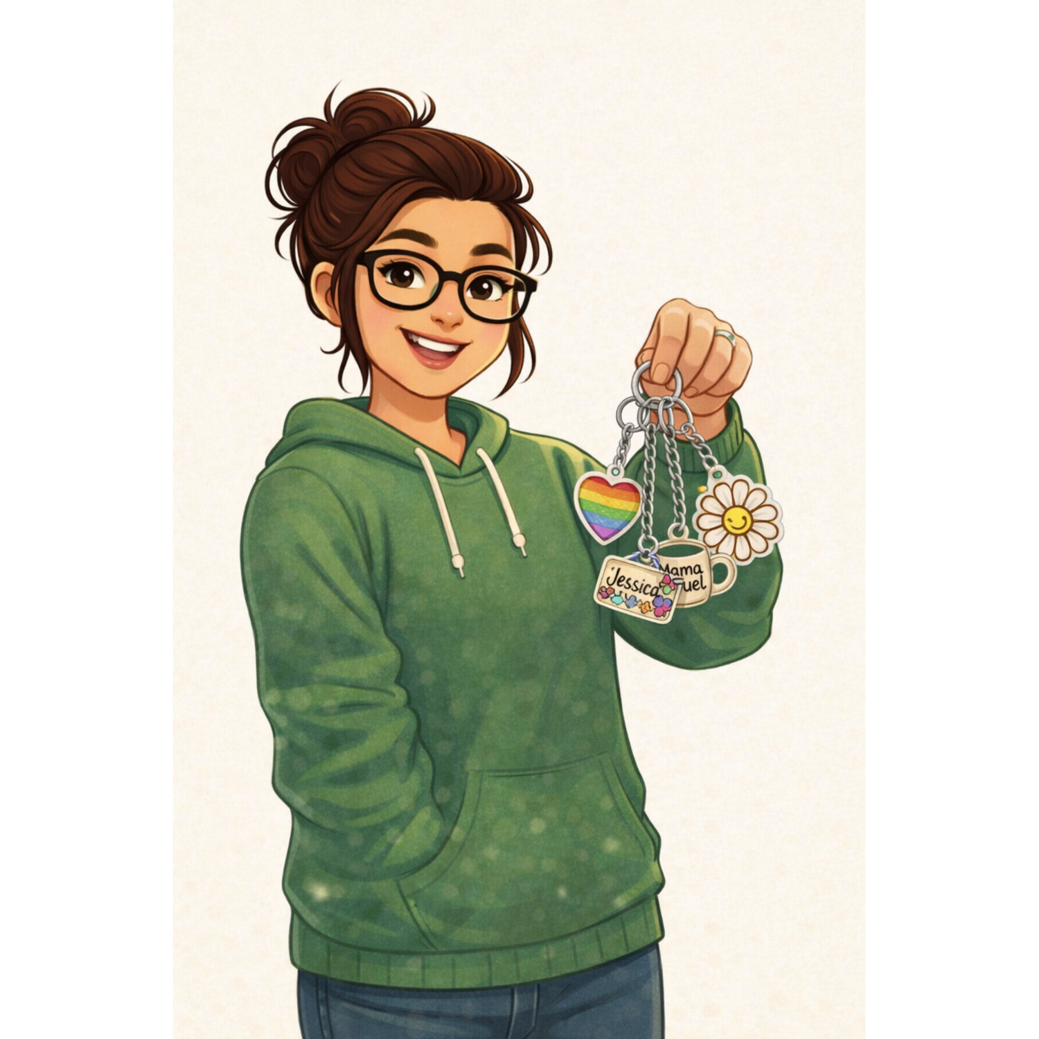Illustrated MIRoots Girl wearing a green hoodie and glasses, holding a small set of colorful handmade keychains against a soft cream background.