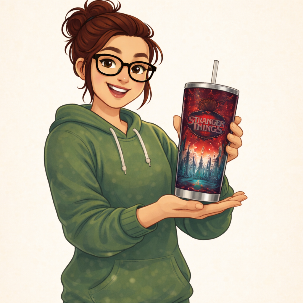 Illustrated MIRoots Girl holding a handmade Stranger Things–inspired tumbler with dark, retro sci-fi artwork on a neutral background.