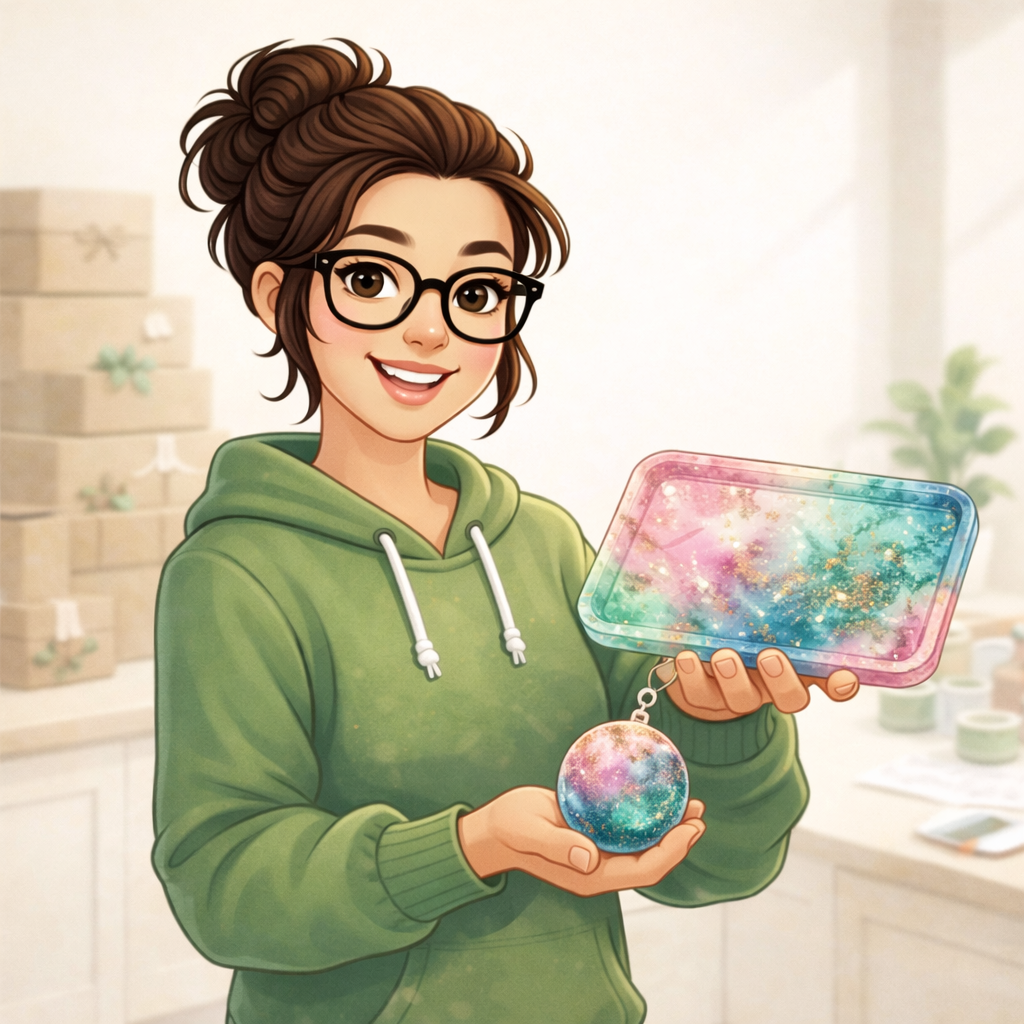 MIRoots Girl holding a glossy resin tray and matching resin keychain in a soft boutique workspace with a warm cream and sage background.