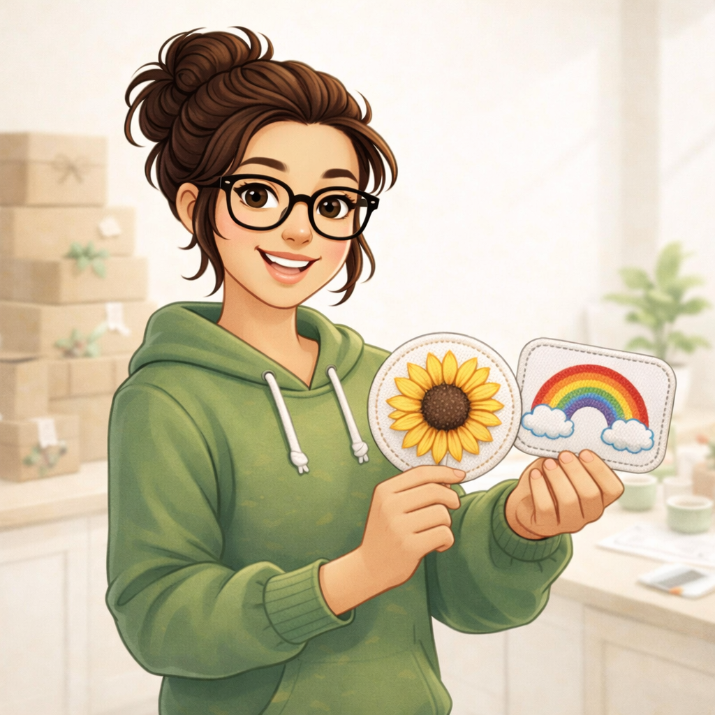MIRoots Girl holding two finished printed patches, including a sunflower round patch and a rainbow rounded rectangle patch, in a soft boutique workspace with a warm cream and sage background.