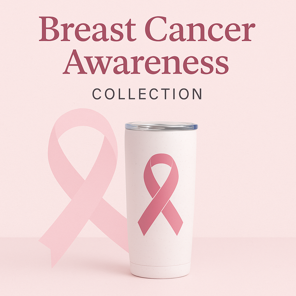 Breast Cancer Awareness Collection cover image with a white tumbler featuring a pink ribbon symbol, set against a soft pink background with a larger translucent ribbon graphic and bold text reading ‘Breast Cancer Awareness Collection.
