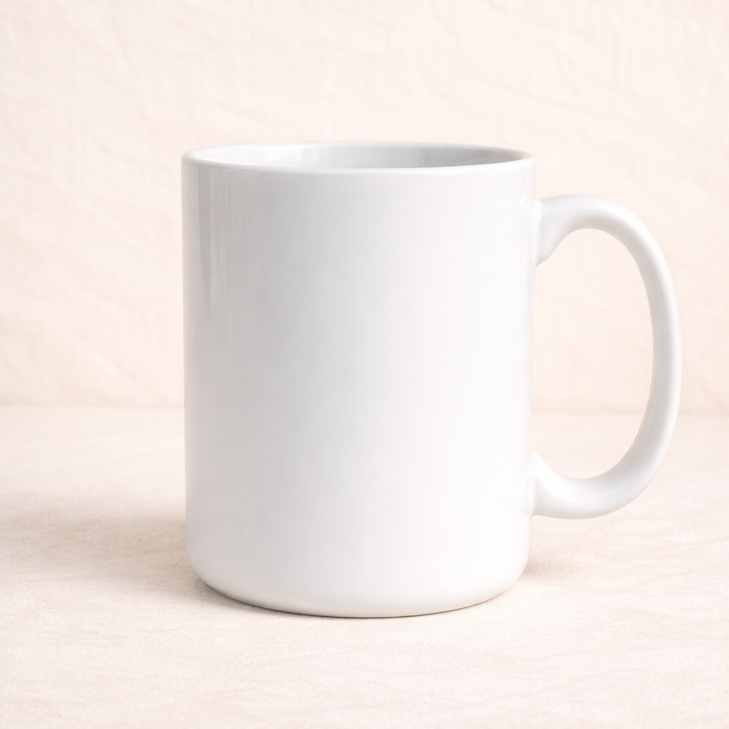 White mug on a light pink background
