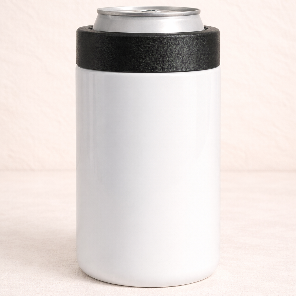 White cylindrical container with black lid on a light pink background
