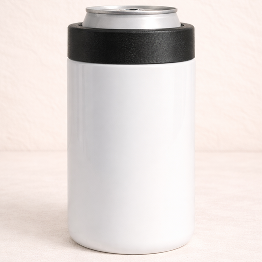 White cylindrical container with black lid on a light pink background