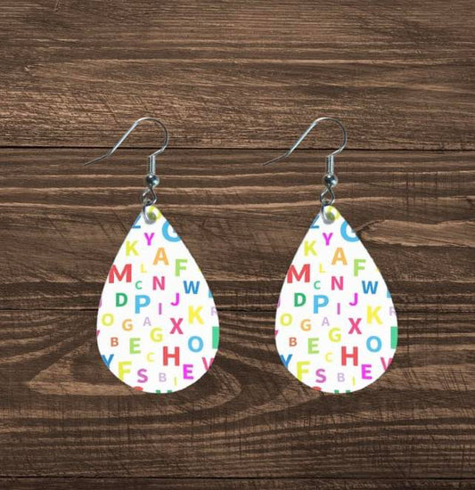 Teardrop shaped; ABCs Alphabet Letter teacher earrings. Back to School Earrings. 