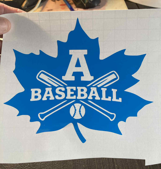 Blue Adrian Maples baseball decal featuring a maple leaf with large “A Baseball” text, crossed bats, and baseball icon – durable vinyl for cars, laptops, and team spirit gear