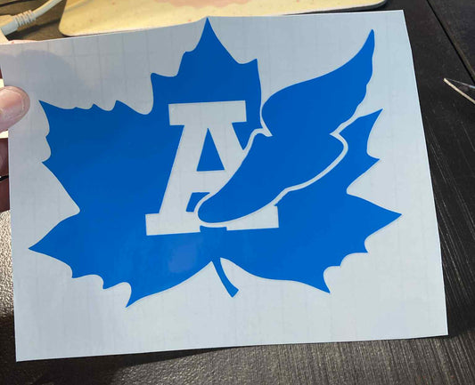 Blue Adrian Maples cross country decal featuring a maple leaf with large “A” and winged foot icon – durable vinyl for cars, laptops, water bottles, and team spirit