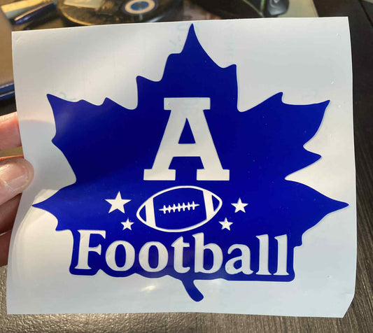Blue Adrian Maples football decal with maple leaf, large “A,” football graphic, and stars – durable vinyl for cars, laptops, water bottles, and spirit gear