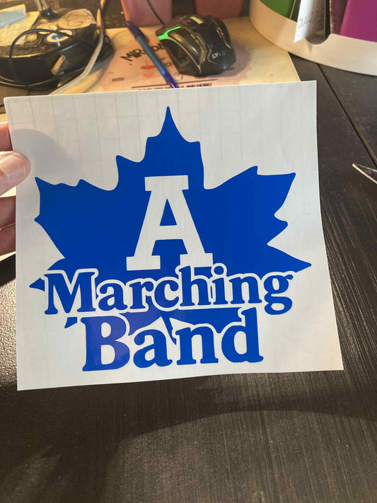 Blue Adrian Maples marching band decal featuring a maple leaf with large “A Marching Band” text – durable vinyl for cars, laptops, water bottles, and band gear
