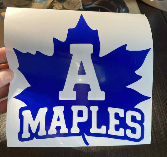 Blue Adrian Maples logo vinyl decal with bold maple leaf and large “A Maples” text – durable sticker for cars, laptops, water bottles, and spirit gear