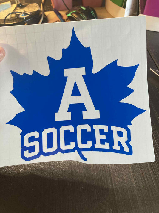 Blue Adrian Maples soccer decal featuring a maple leaf with large “A Soccer” text – durable vinyl for cars, laptops, water bottles, and team spirit gear