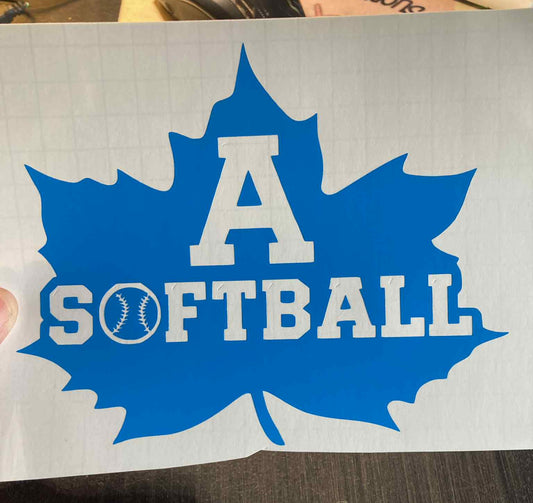 Blue Adrian Maples softball decal featuring a maple leaf with large “A Softball” text and softball graphic – durable vinyl for cars, laptops, and team spirit gear