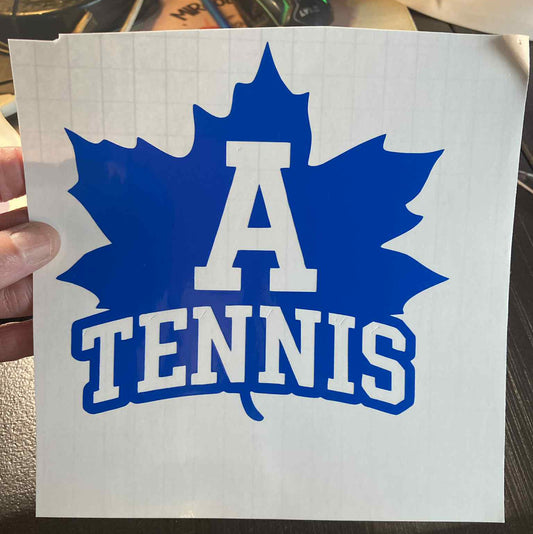 Blue Adrian Maples tennis decal featuring a maple leaf with large “A Tennis” text – durable vinyl for cars, laptops, water bottles, and team spirit gear