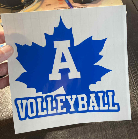 Blue Adrian Maples volleyball decal featuring a maple leaf with large “A Volleyball” text – durable vinyl for cars, laptops, water bottles, and spirit gear