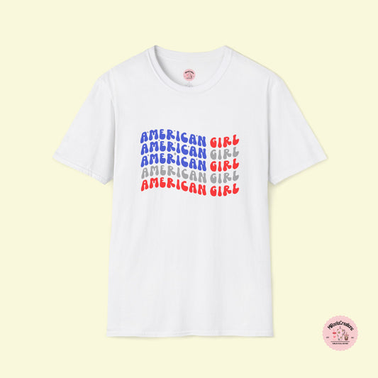 Red White and Blue "American Girl" flag Patriotic 4th of July shirt. 