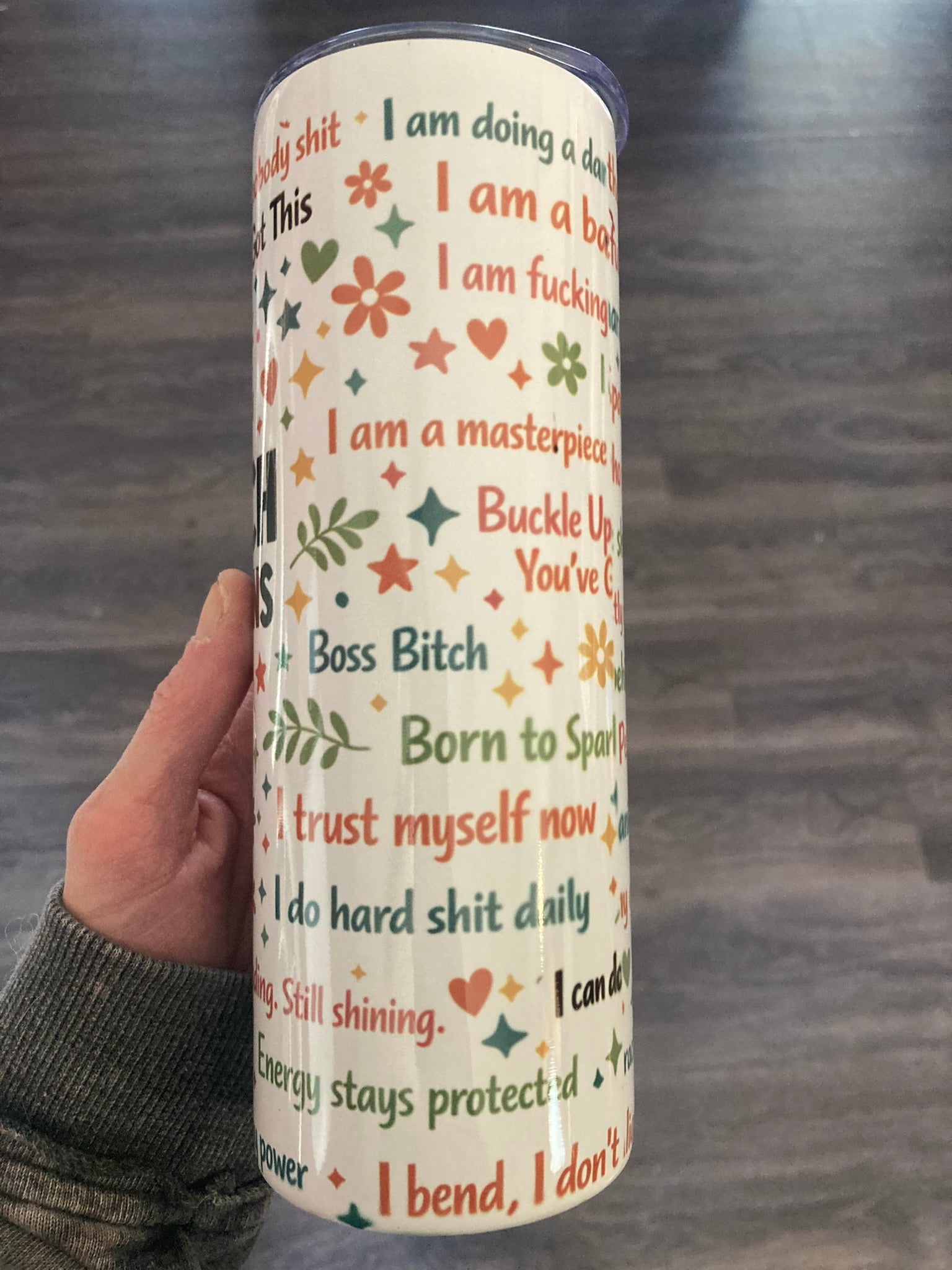 20oz insulated skinny tumbler with bold Bad Bitch Affirmations text and colorful empowering statement design