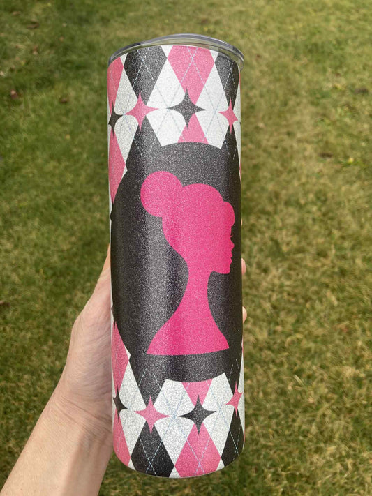 Pink and black Barbie silhouette tumbler with glitter argyle pattern, 20oz insulated skinny stainless steel cup.