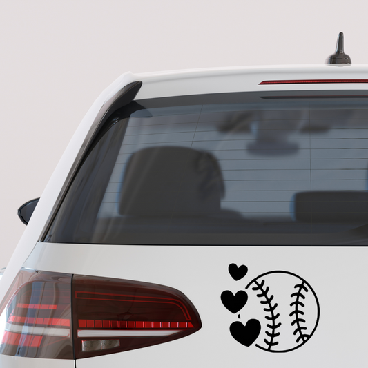 Baseball with hearts vinyl decal – sports mom or player sticker for cars, laptops, or windows
