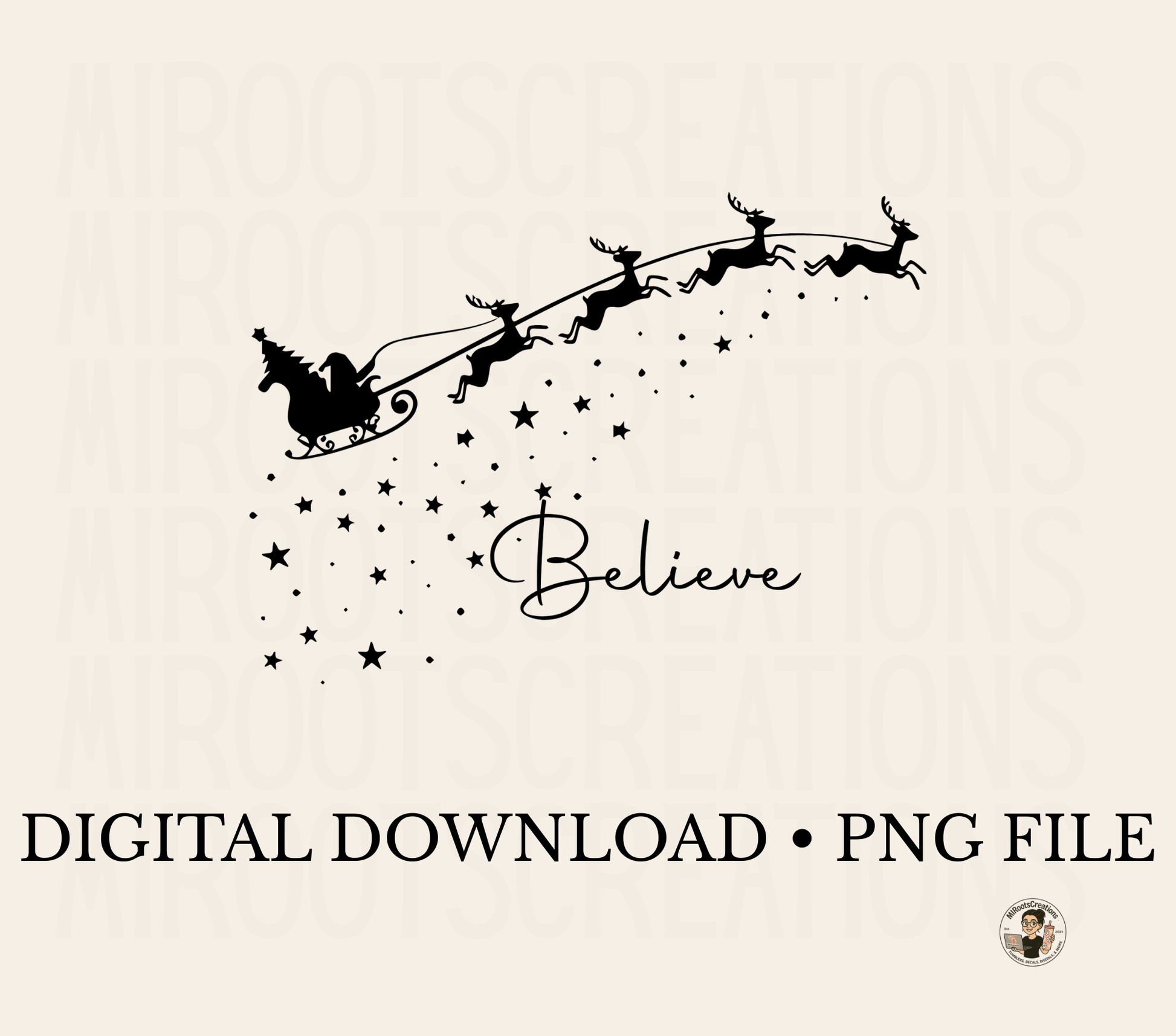 Santa sleigh silhouette with reindeer and stars and the word “Believe” – Christmas PNG file