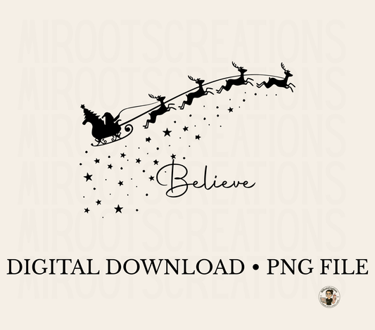 Santa sleigh silhouette with reindeer and stars and the word “Believe” – Christmas PNG file
