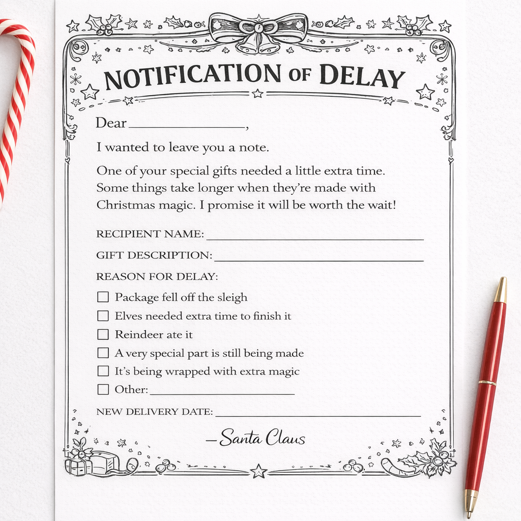 Notification of Delay form for Christmas gifts on a white background with a pen and candy canes.