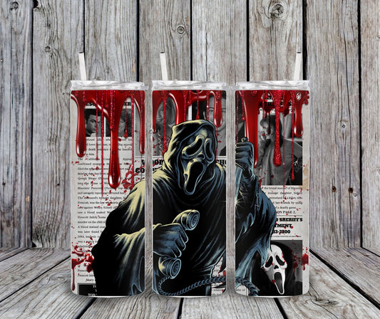 20 oz Bloody Ghostface Newspaper Halloween Tumbler