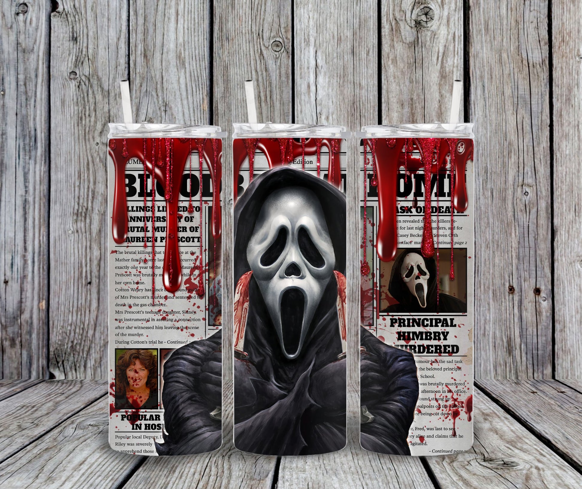 20 oz Bloody Ghostface Newspaper Halloween tumbler