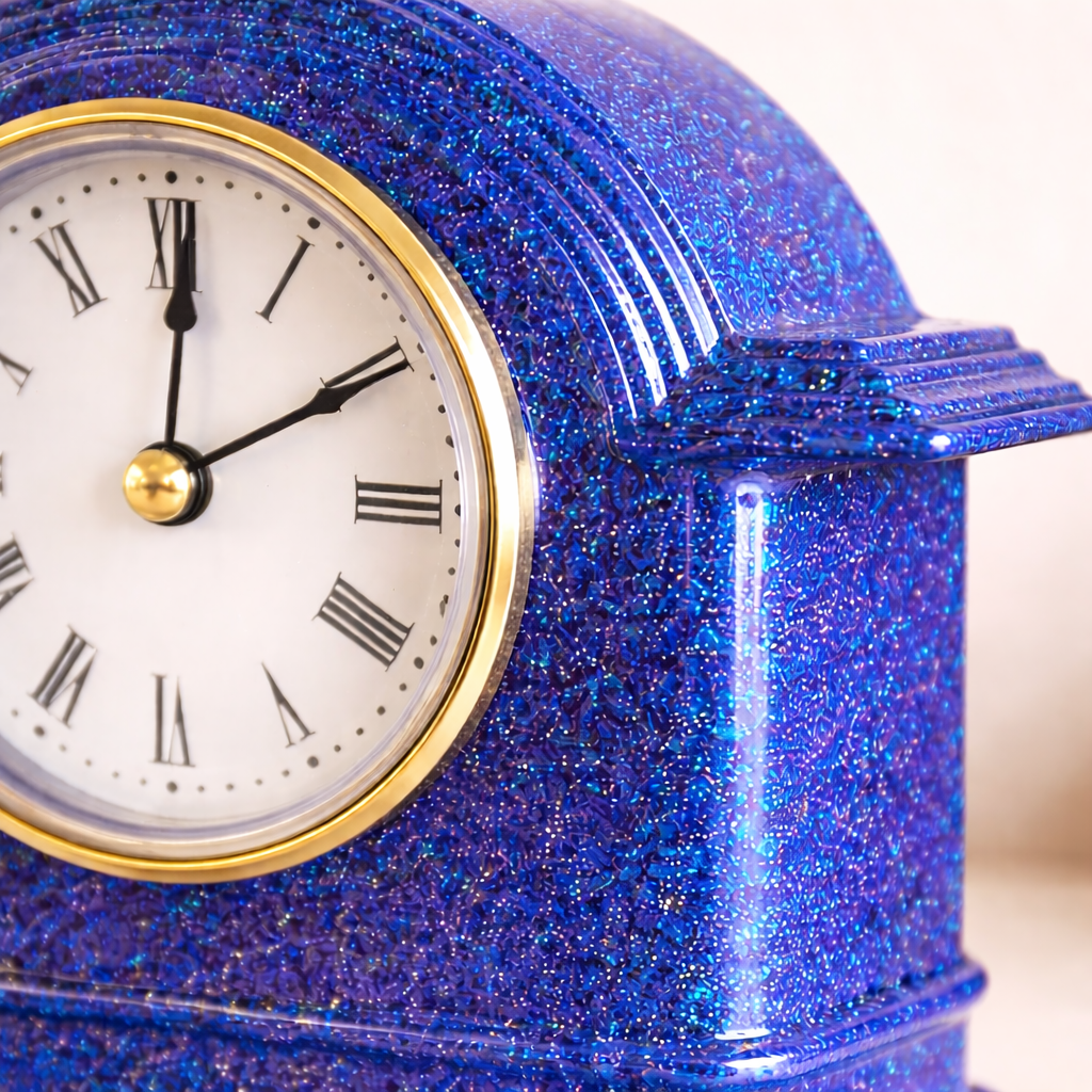 Blue glittery clock with white face and black Roman numerals on a blurred background