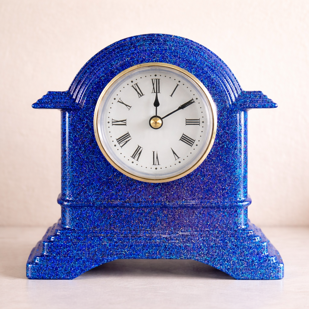 Blue glittery clock with white face and gold accents on a beige background
