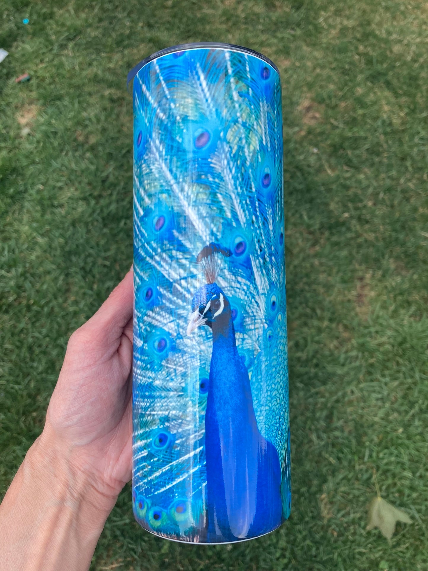 20oz skinny tumbler with vibrant blue peacock and full feather display design.
