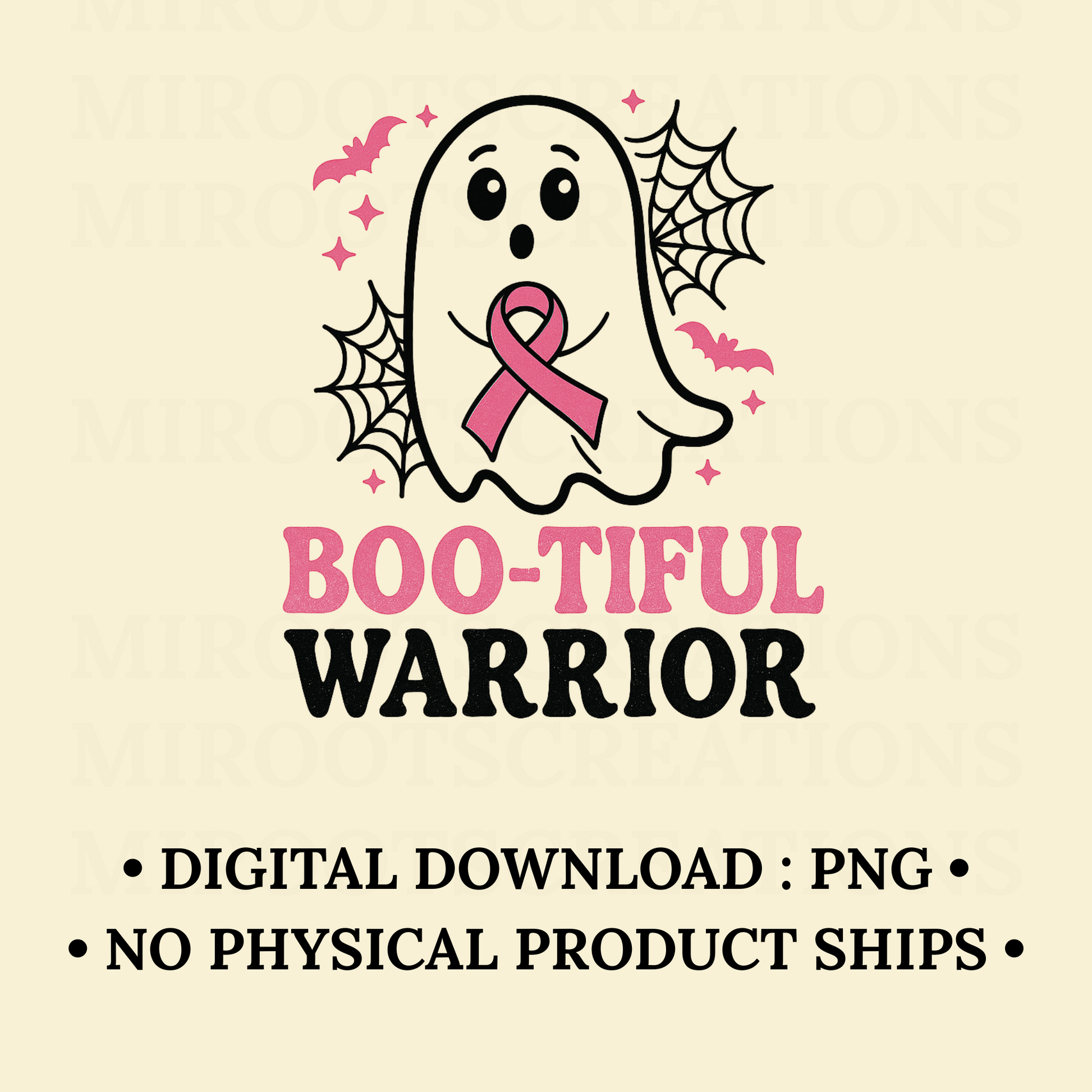 Boo-tiful Warrior ghost with pink breast cancer awareness ribbon and spider webs – Halloween PNG digital download for Cricut and sublimation crafts.