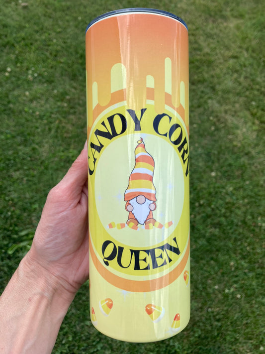 Halloween tumbler with candy corn queen design featuring gnome and fall themed graphics