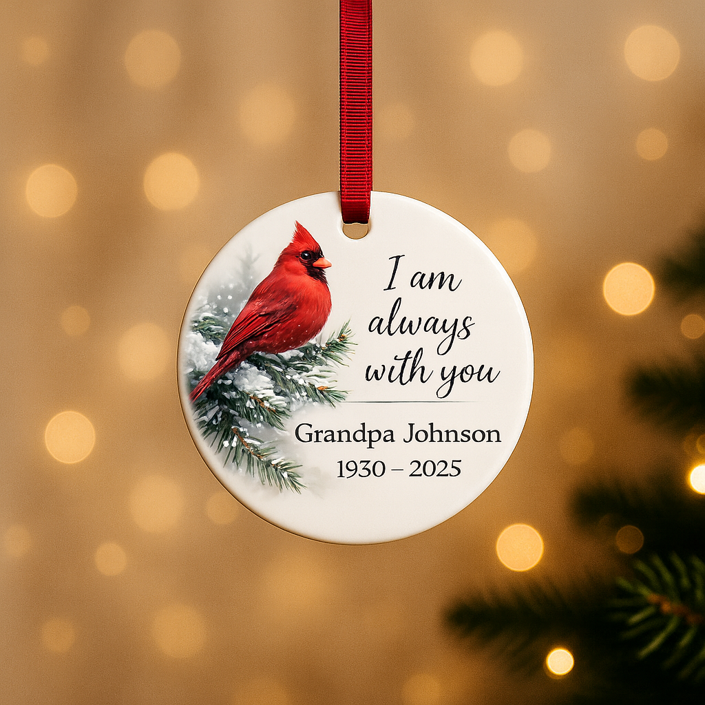 Round ceramic ornament with a vibrant red cardinal on an evergreen branch and the phrase “I am always with you,” personalized with name and dates.