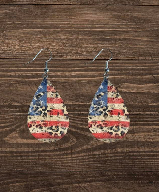 Teardrop shaped; Patriotic cheetah print American flag (4th of July) earrings