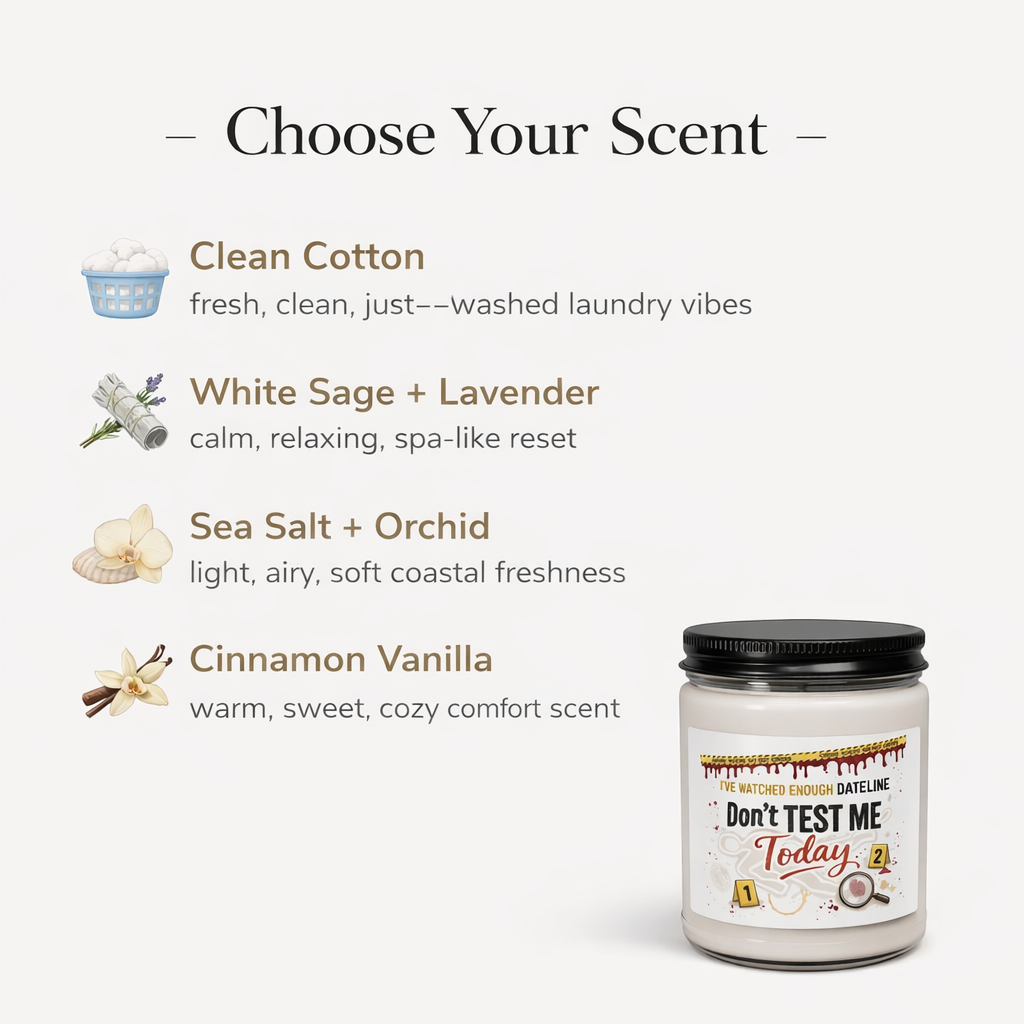 Candle with scents listed on a white background