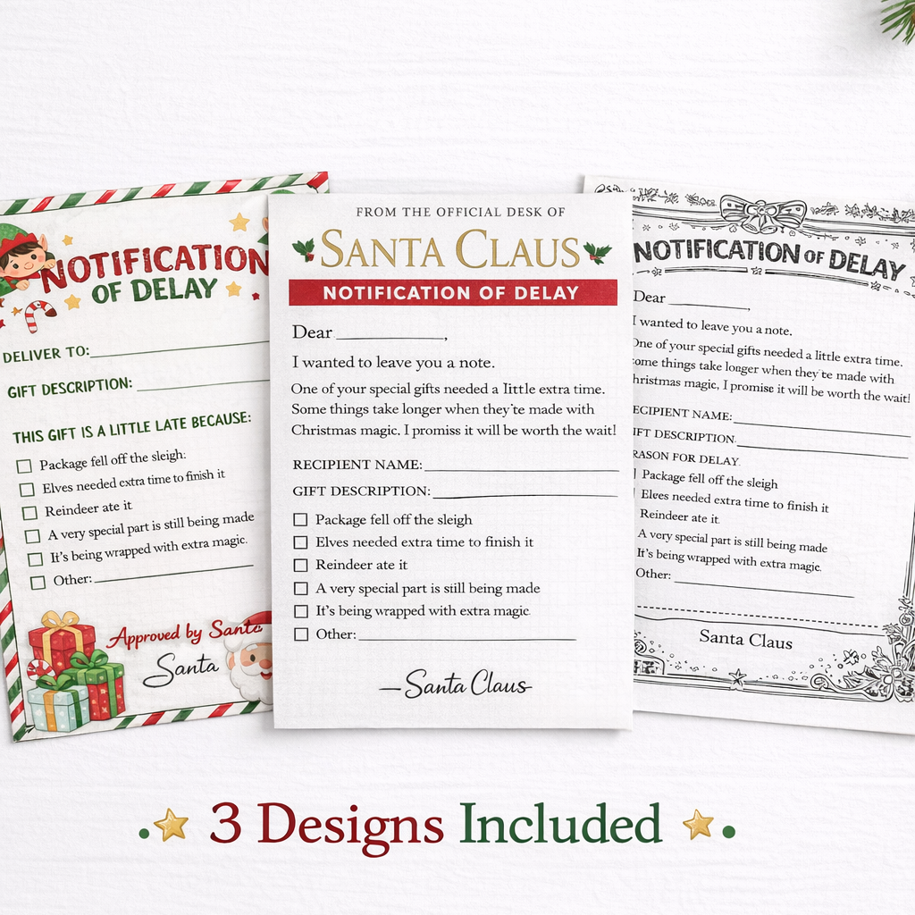 Set of 'Notification of Delay' letters from Santa Claus with decorative elements on a white background.
