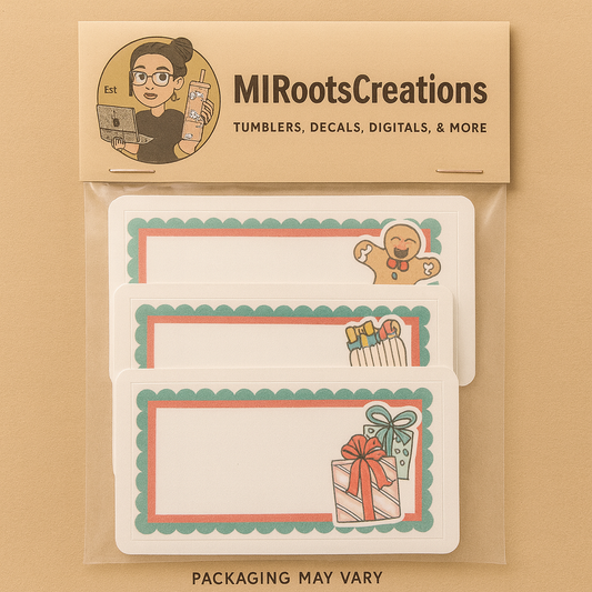 Packaged product with stationery items and 'MI Roots Creations' branding on a brown background.
