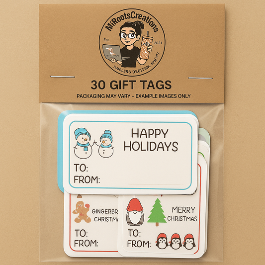 Packaged gift tags with 'Happy Holidays' design on a brown background
