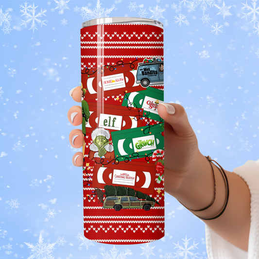 Christmas Movie Classics Tumbler | Holiday VHS Pattern Cup