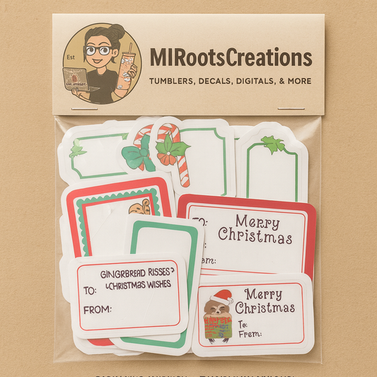 Packaged Christmas-themed stickers with 'MI Roots Creations' branding on a brown background.