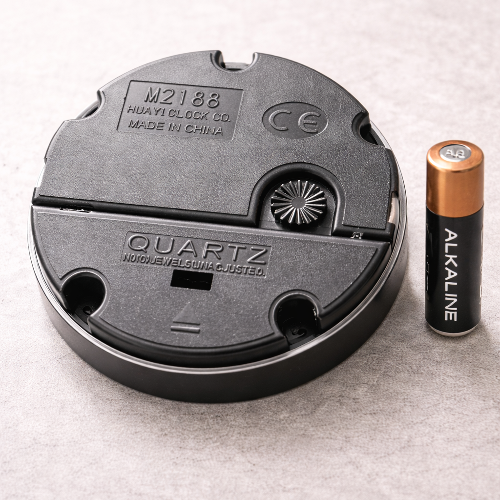 Quartz clock movement and alkaline battery on a light gray background