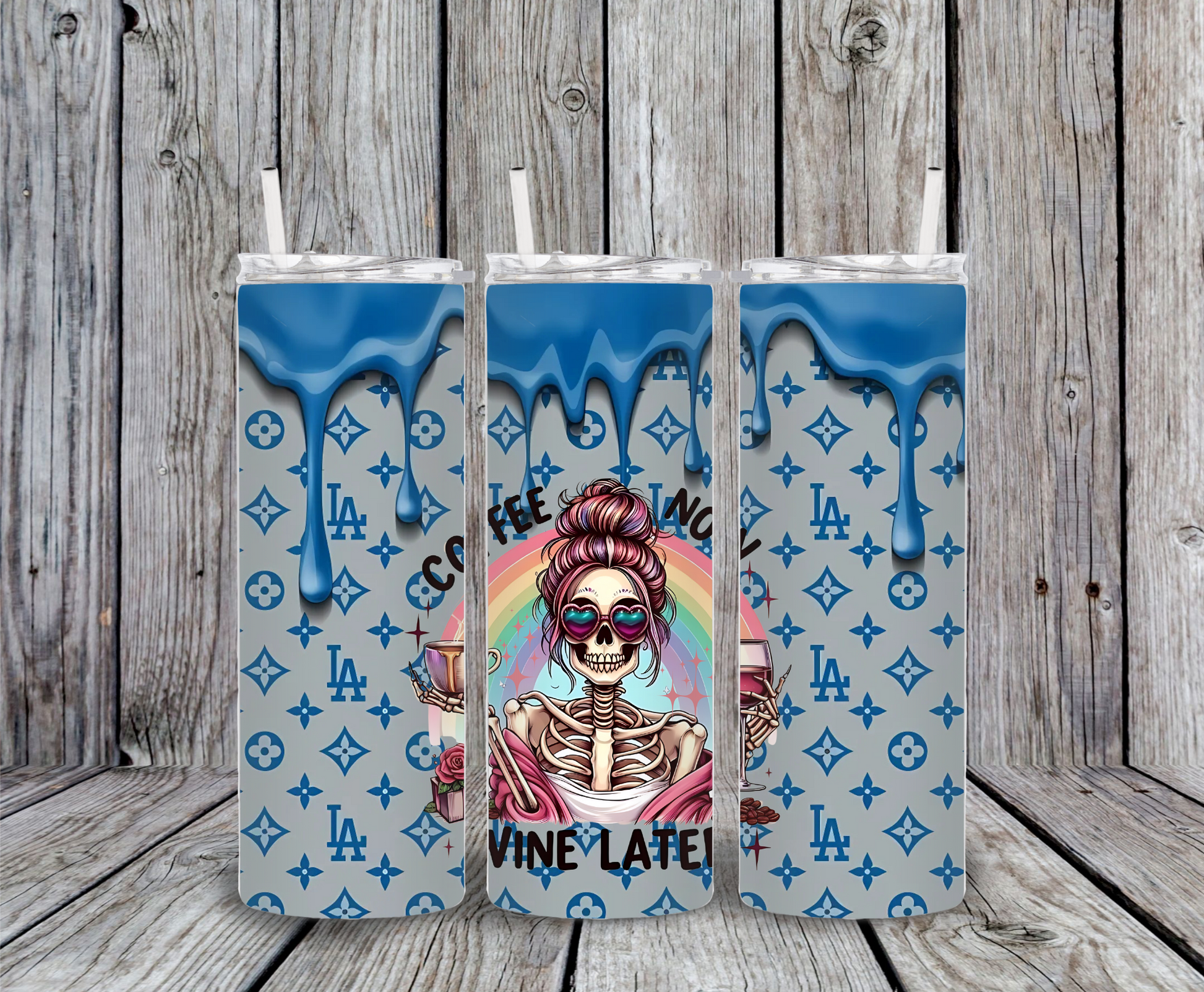 Blue drip skeleton coffee tumbler – 20oz stainless steel skinny cup with rainbow skeleton girl, heart sunglasses, coffee and wine text, and blue designer-style pattern