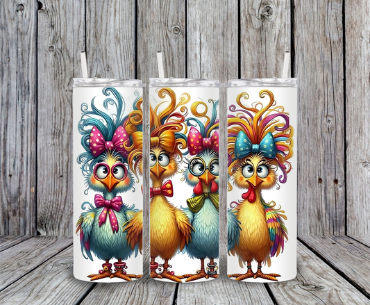 Colorful funky chicken tumbler – 20oz stainless steel skinny cup with three vibrant chickens wearing bows, cartoon farm animal design, and playful rainbow feathers