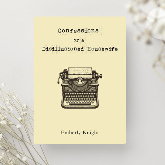 Book cover of 'Confessions of a Disillusioned Housewife' with a typewriter illustration on a beige background.